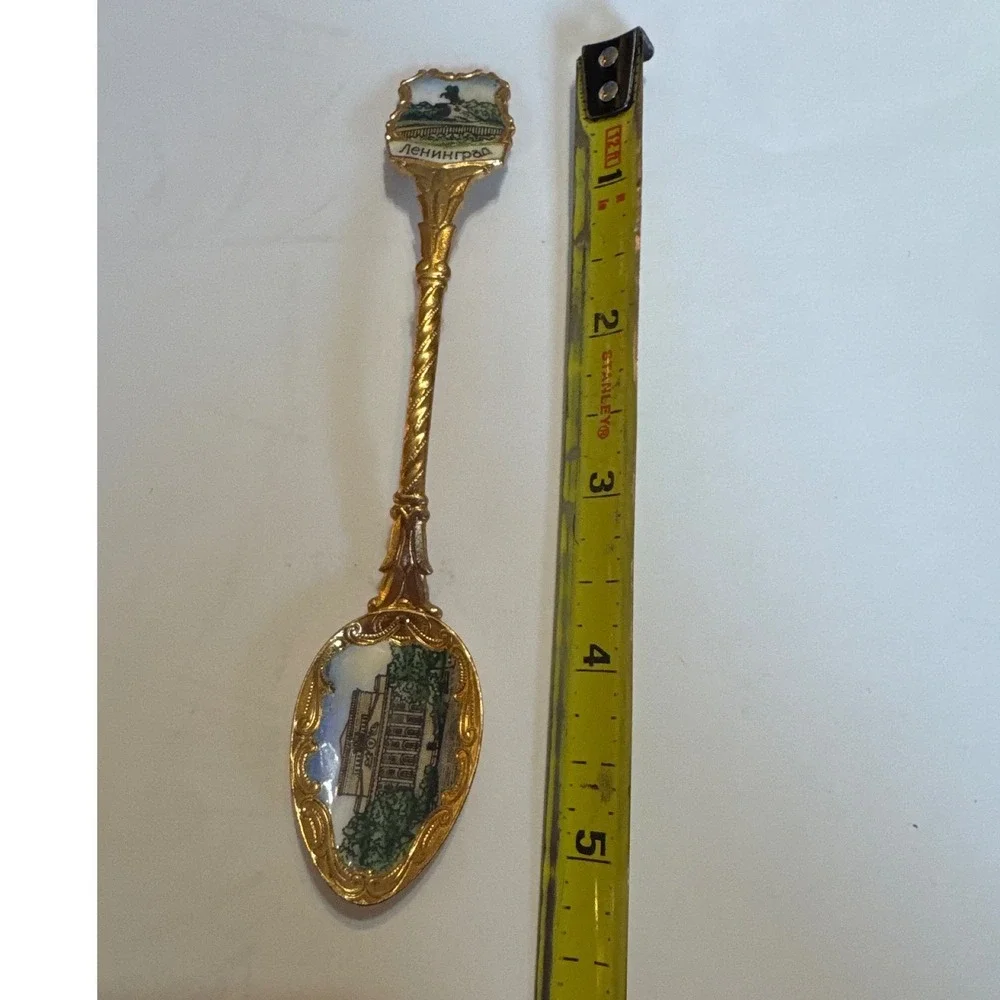 Vintage Leningrad Russia Souvenir Spoon Gold Tone Enamel Beriozka Soviet Era - Picture 4 of 6